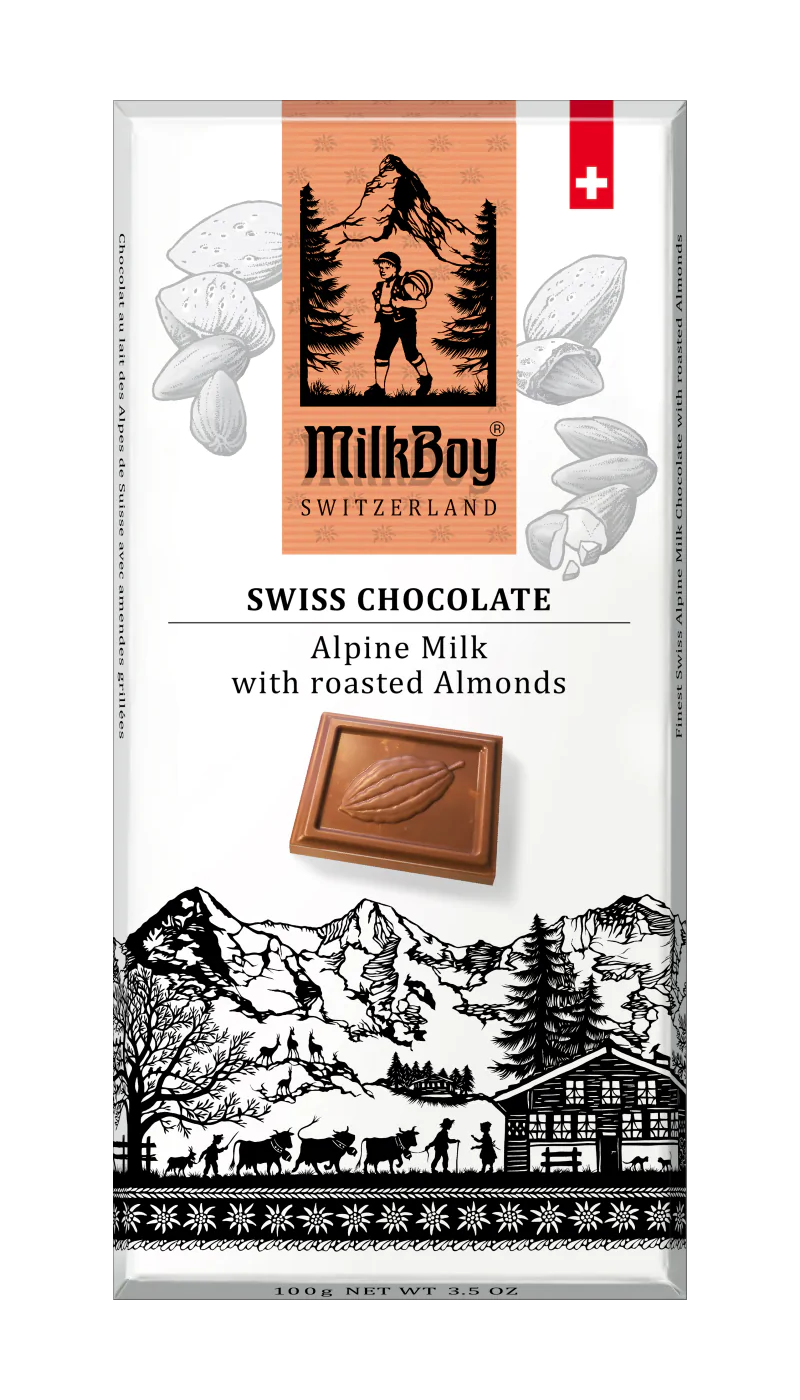 MILK BOY FINEST SWISS CHOCOLATE ALPINE MILK WITH ROASTED ALMONDS 3.5oz / 100g alt