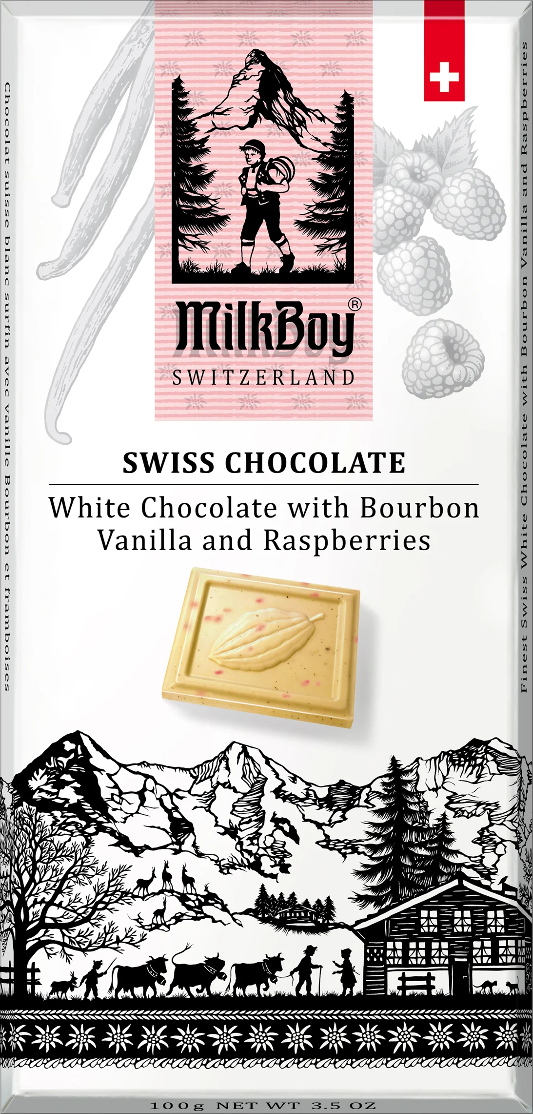MILK BOY FINEST WHITE SWISS CHOCOLATE WITH BOURBON VANILLA & RASPBERRIES  3.5oz / 100g alt